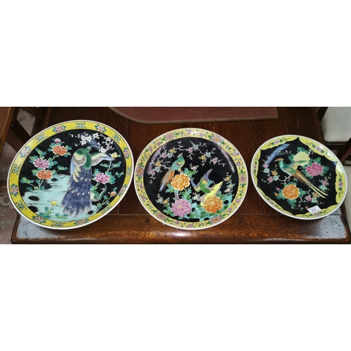 327 - A group of 3 oriental porcelain saucer dishes of graduating sizes, each with mythical bird on black ... 