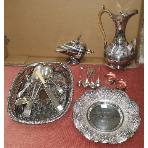 353 - A Victorian silver plated claret jug; a sugar scuttle; a gallery tray; 6 hallmarked silver teaspoons... 