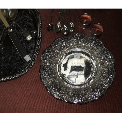 353 - A Victorian silver plated claret jug; a sugar scuttle; a gallery tray; 6 hallmarked silver teaspoons... 