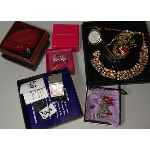 360 - A selection of costume jewellery; a diamante 3 tier necklace, boxed; a Dolce & Gabbana chrome and di... 