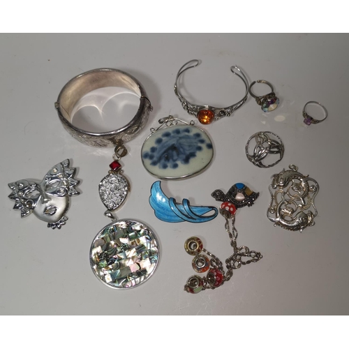 371 - A Norwegian silver and blue enamel leaf brooch; a selection of silver and white metal jewellery