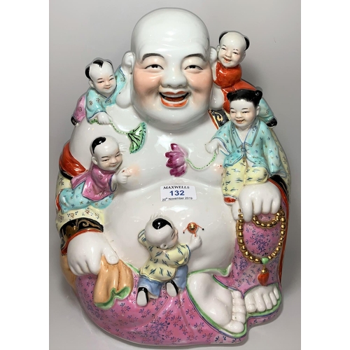 132 - A 20th century Chinese Canton large figure of Hoti with children, in the famille rose palette, heigh... 