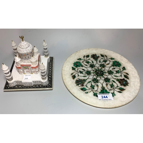244 - An Indian alabaster circular plaque inlaid semi-precious stones, 23 cm; a similar item