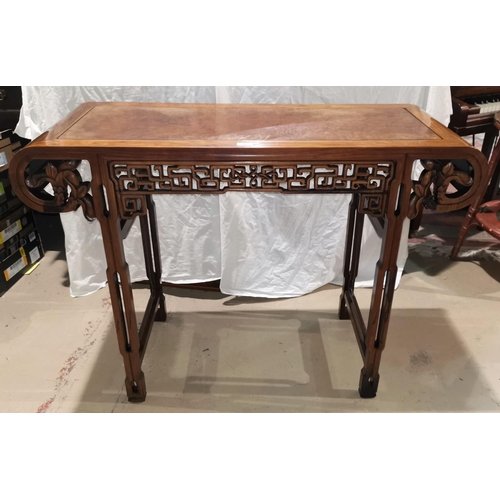 330 - A late 19th/early 20th century Chinese hardwood altar table, with rounded ends and pierced frieze on... 