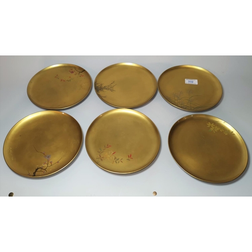 332 - An oriental set of 12 gilt lacquer bowls with enamelled naturalistic decoration; 4 further bowls; 6 ... 