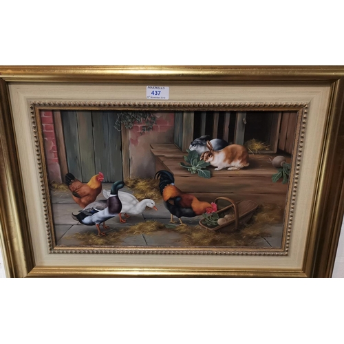 437 - Carl Whitfield:  Farmyard scene with rabbits, ducks and poultry, oil on board, signed, 22 cm x 44 cm... 