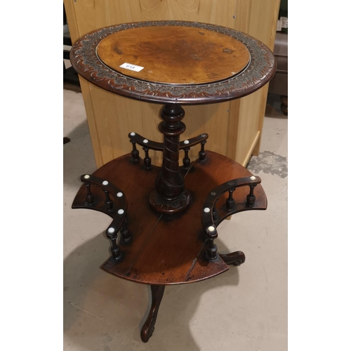 618 - A Victorian burr walnut occasional table with circular top, galleried central tier, on turned column... 