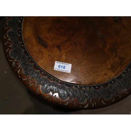 618 - A Victorian burr walnut occasional table with circular top, galleried central tier, on turned column... 