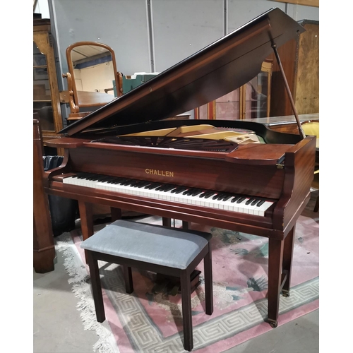 649 - A baby grand piano by Challen, iron framed and overstrung, in mahogany case, on square tapering legs... 