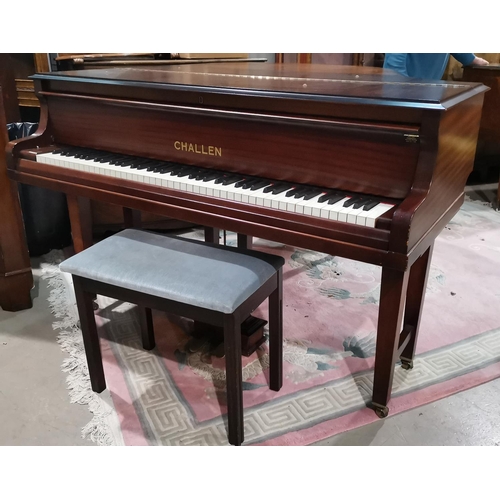 649 - A baby grand piano by Challen, iron framed and overstrung, in mahogany case, on square tapering legs... 