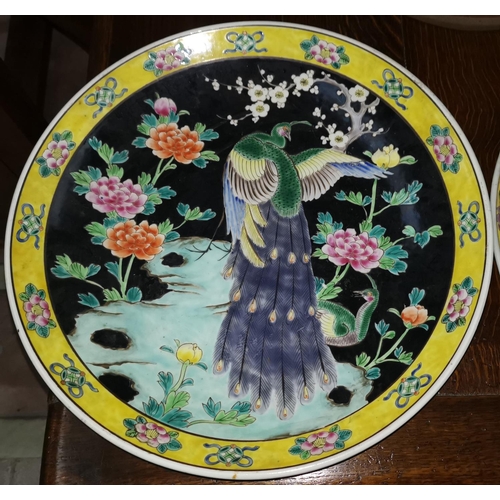 60 - A group of 3 oriental porcelain saucer dishes of graduating sizes, each with mythical bird on black ... 