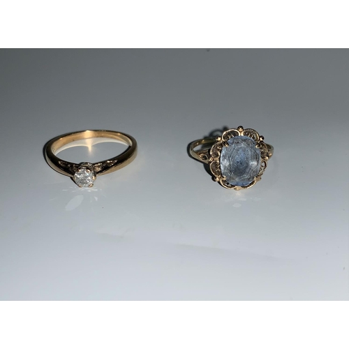 112 - A 9 carat hallmarked gold diamond solitaire ring; a 9 carat hallmarked gold dress ring with a blue s... 