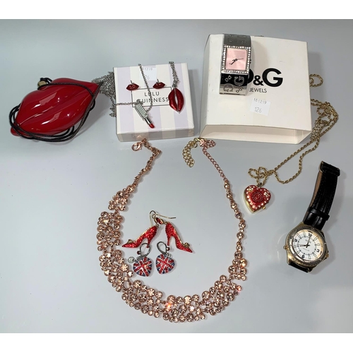 126 - A selection of costume jewellery; a diamante 3 tier necklace, boxed; a Dolce & Gabbana chrome and di... 