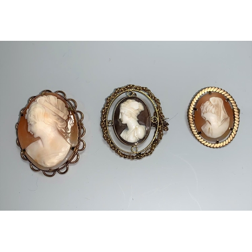 146 - Three yellow metal mounted cameo brooches, classical female busts