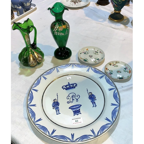 63 - A Chinese large porcelain dish with military armorial; 2 small dishes; 2 Victorian green glass items... 