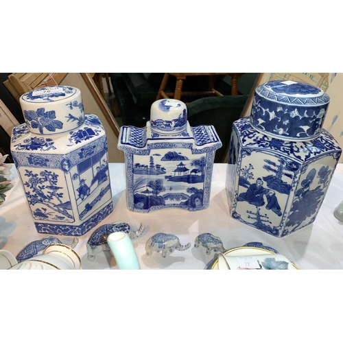 76 - Three Chinese blue & white covered vases; 5 porcelain elephants