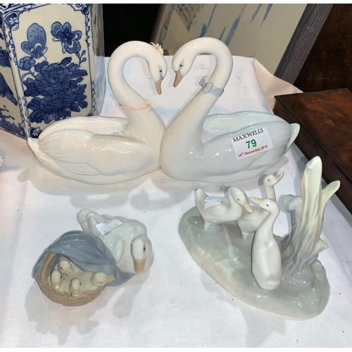 79 - A Lladro porcelain figure group of 2 swans 