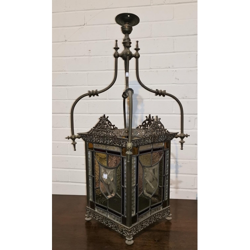 308 - An Edwardian brass hall light fitting with coloured and leaded glass panels height 76cm width 34cm