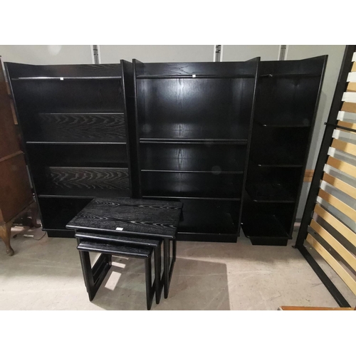 344 - A modern 'G-Plan' pair of 'Black Ash' bookcases, with corner shelf unit and matching nest of 3 occas... 