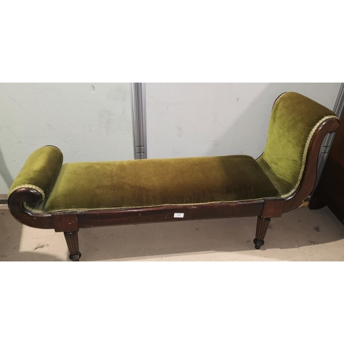346 - A 19th century mahogany Regency style window seat with scroll end, upholstered in green
