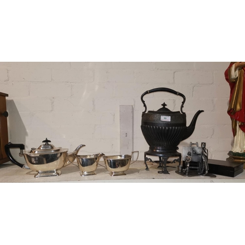 99 - A silver plated spirit kettle on stand; a 3 piece tea service; other silver plate