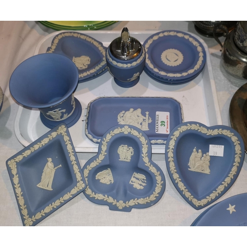 39 - Eleven pieces of Wedgwood Jasperware; a New Chelsea part tea service; various items of pewter