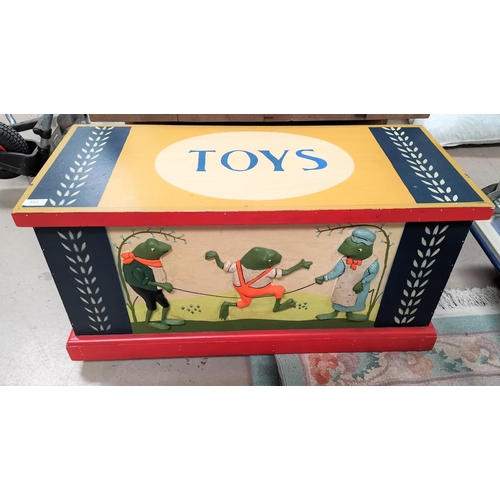 443 - A toy chest decorated with frogs, and contents