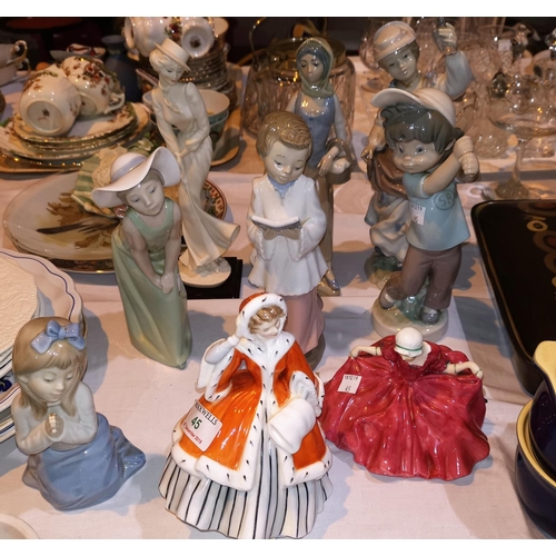 45 - A Royal Doulton figure:  Noelle, HN 2179; a Lladro figure of a girl; other figures (some a.f.)