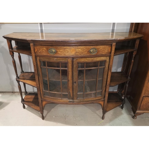 422 - An Edwardian rosewood cabinet with bow front, double glazed single door, shelves to either side, hei... 