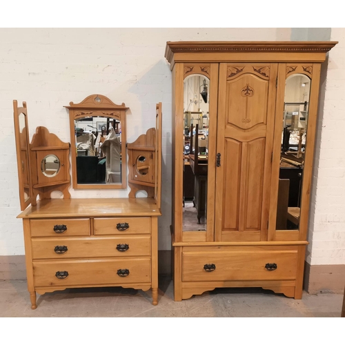 470 - An Edwardian 2 piece bedroom suite in stripped and refinished satin walnut, comprising mirror door w... 