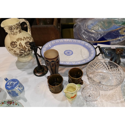 70 - A blue & white meat plate with pewter warming reservoir; a cut glass bowl; etc.