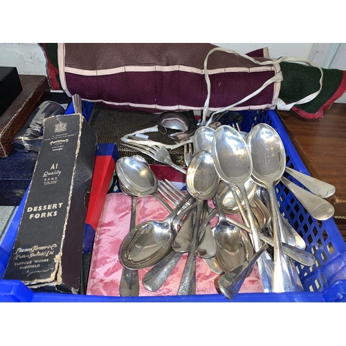 130 - A set of 6 silver teaspoons and tongs, Birmingham 1945, cased; other boxed and loose cutlery