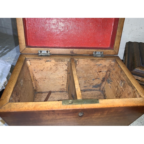 149a - A set of scales in mahogany case; a mahogany tea caddy; a Tunbridge ware box (a.f.)