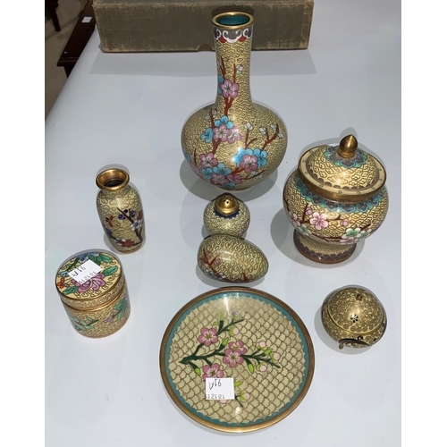 91a - A Chinese cloisonné vase with ivory coloured ground; other Chinese cloisonné ivory coloured items