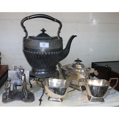 99 - A silver plated spirit kettle on stand; a 3 piece tea service; other silver plate