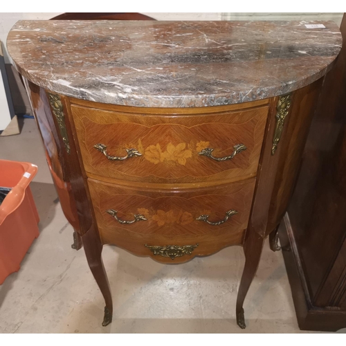 336 - A French inlaid kingwood demi-lune commode, fitted 2 drawers, marble top, 68 cm; a Georgian style dr... 