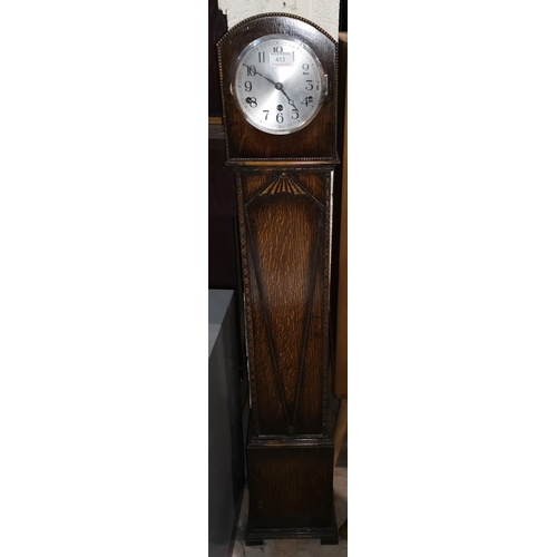 413 - A 1930's oak cased grandmother clock, 8 day movement with strike and chime