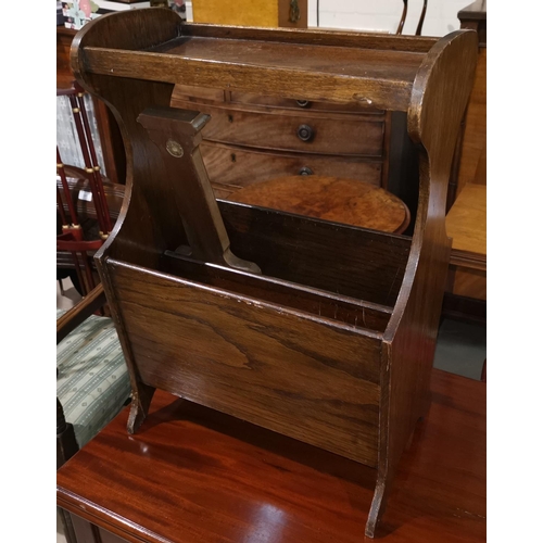 428 - A 1930's oak magazine rack; a reproduction mahogany wine table; a child's chair and stool