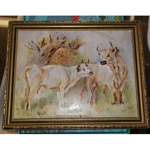 26a - Irene Maude:  painting of cattle on ceramic tile, framed