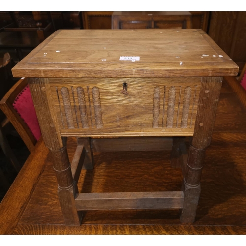 315 - A Jacobean style oak workbox/stool; 2 pine stools; an occasional table