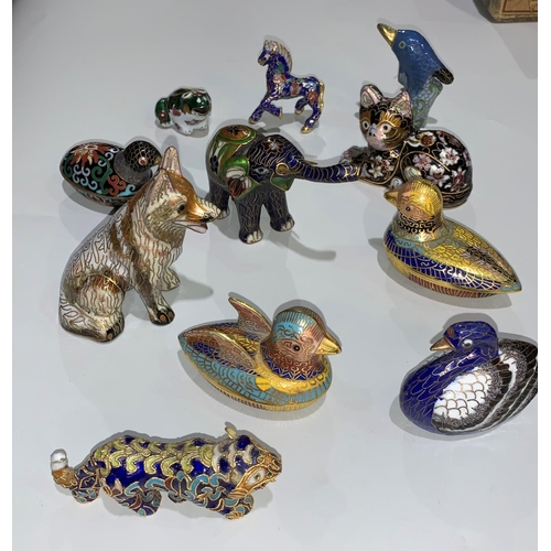 93a - A selection of Chinese cloisonné miniature animals:  wolves; birds; etc.