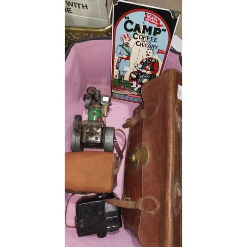 171 - A Mamod steam roller; vintage Coronet box camera; 'Camp Coffee' plaque; brief case