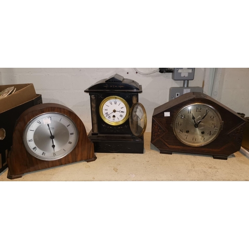 224 - A Victorian mantel clock in architectural black marble case; 2 1930's mantel clocks