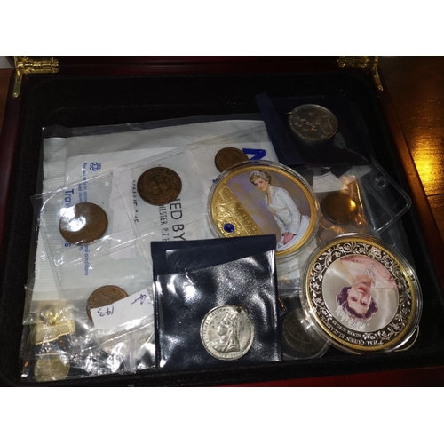 235 - Box of coins 1960, 5/- polished Die, Diana Medallion large (gold plated), QEII Large Medallion, (gol... 