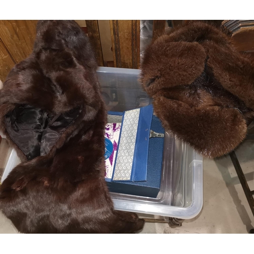 259 - A fur stole; a Russian mink hat; various glass; a box of 1960's 45's in original case; etc.