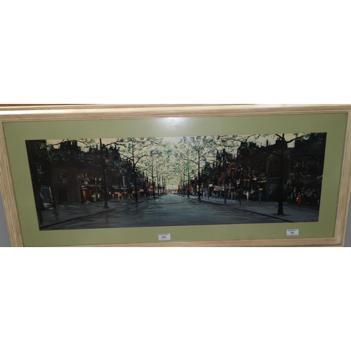 285 - An oil painting of a Paris street scene; a limited edition print; a pair of fashion prints; etc.