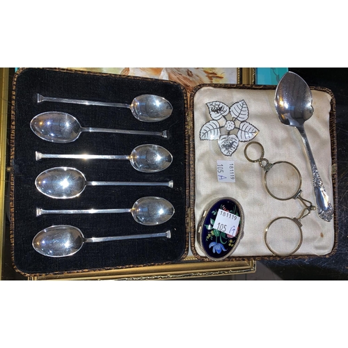105a - A set of 6 silver coffee spoons with seal tops; a silver preserve spoon; a trinket box; a pair of lo... 