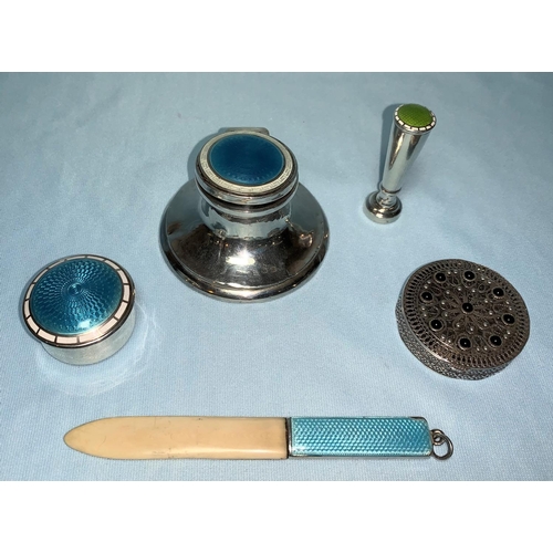 255 - A silver capstan inkwell with enamelled decoration, Birmingham 1911; 3 other similar pieces; a filig... 