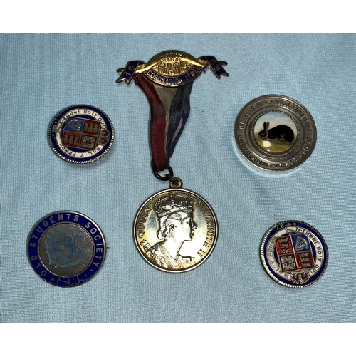 262 - Two QV 1887 enamelled shillings, each with buttonhole fastener; a silver RAOB QEII Coronation medal;... 