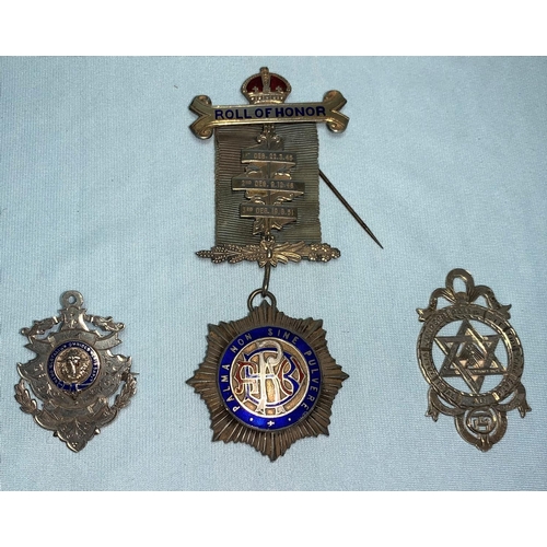 263 - An enamelled silver masonic jewel and clasp; 2 similar silver fobs